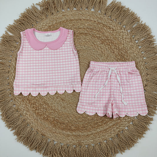 pink gingham scallop shorts set summer clothing