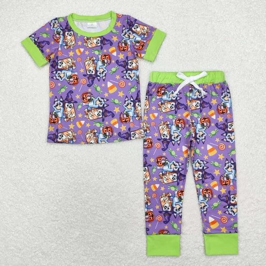 BSPO0409 Halloween Candy Star Purple Green Short Sleeve Long Pants Pajama Set