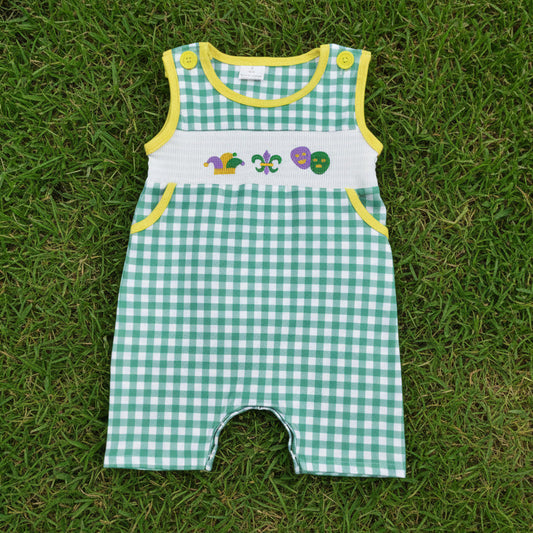 embroidery green gingham mardi gras mask tank romper