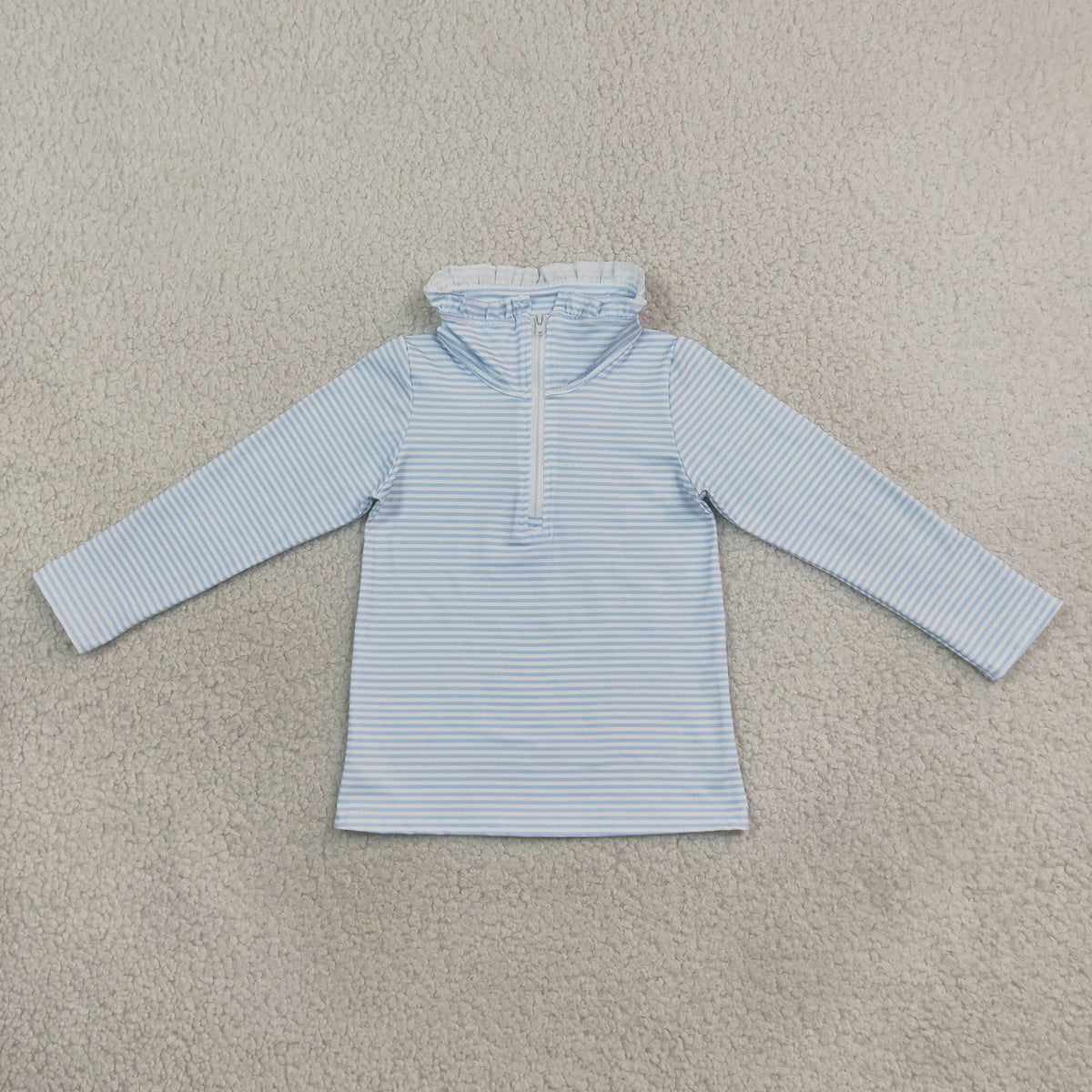 ruffle collared blue striped zip pullover girls top