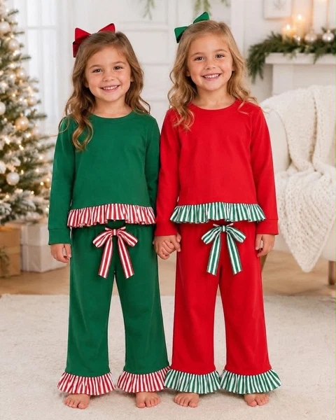 Custom order moq 5 christmas-solid-color-stripe-girls-set
