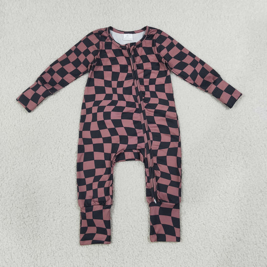 LR3115 long sleeve chocolate wavy checkered zipper sleeper baby clothing