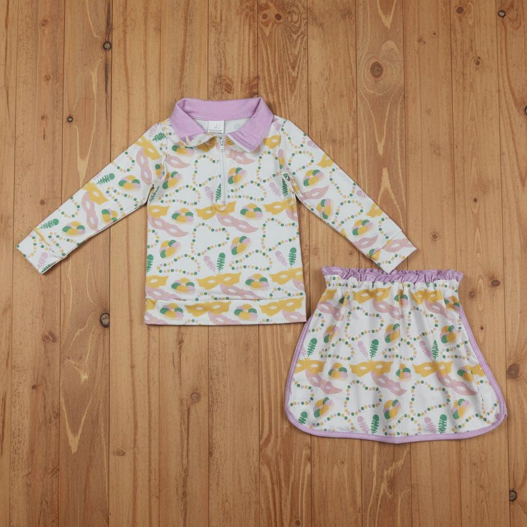mardi gras mask long sleeve zip pullover skort set outfit