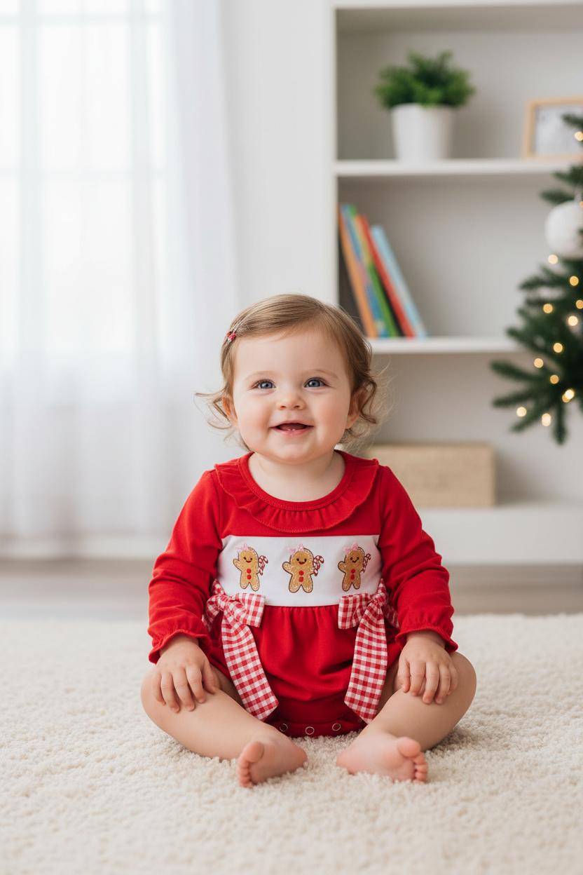 LR0393 Embroidered Gingerbread Man Red Plaid Bow Lace Long Sleeve Onesie Romper
