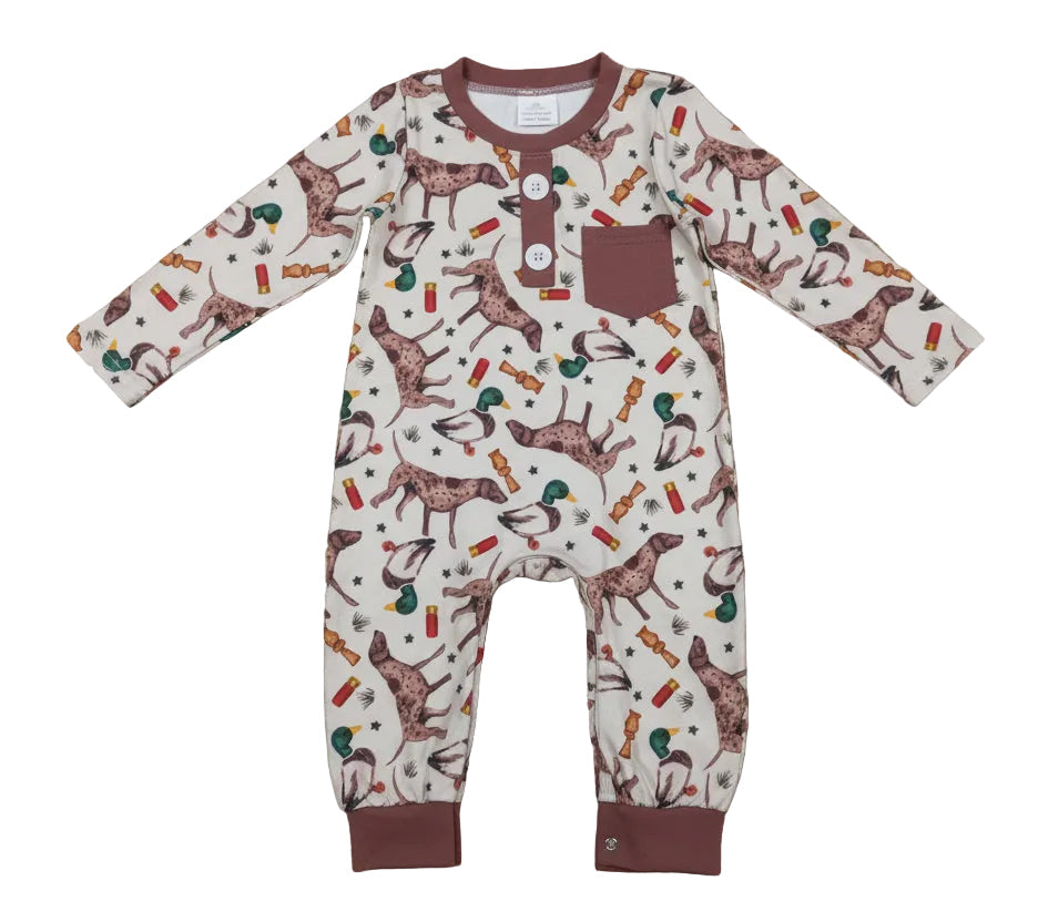 dog duck hunting print long sleeve pocket romper