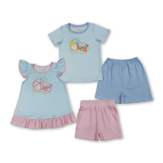 Sibling boys and girls embroidery beach days shorts set