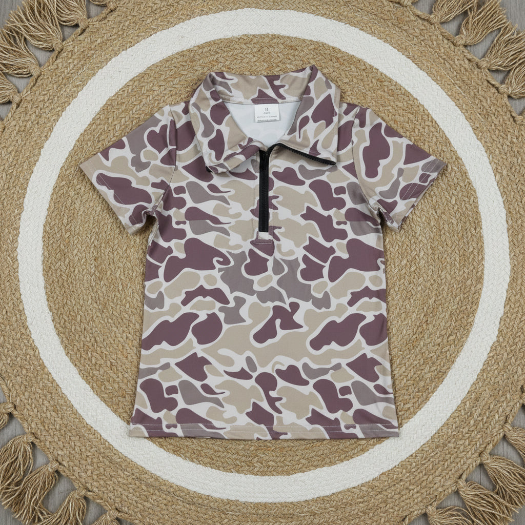 short sleeve camo zip up pullover baby boy top