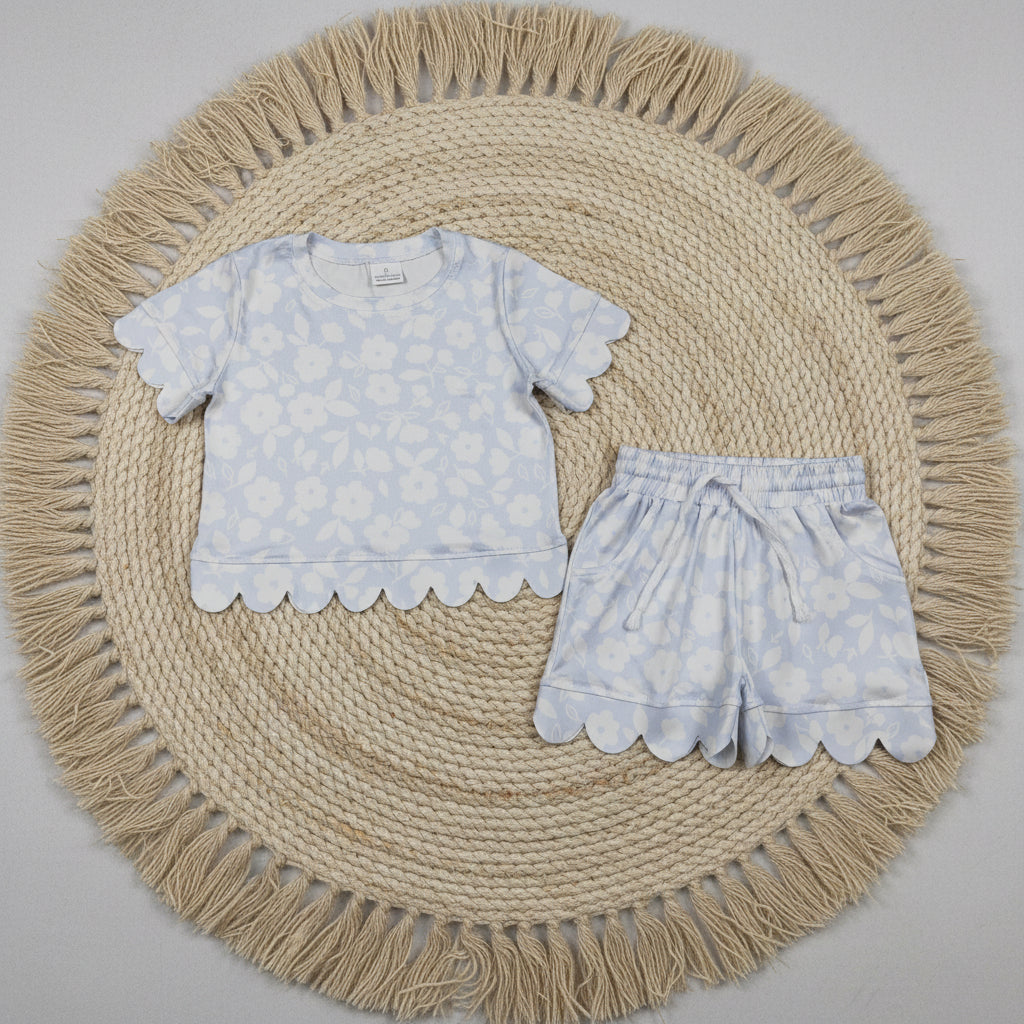 white flower floral scallop shorts set summer girl clothing