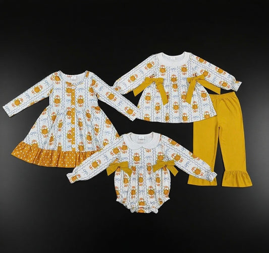 Sibling Baby Girls Yellow Pumpkins Bows Plaid Tunic Ruffle Pant Fall Set Romper Dress D 901