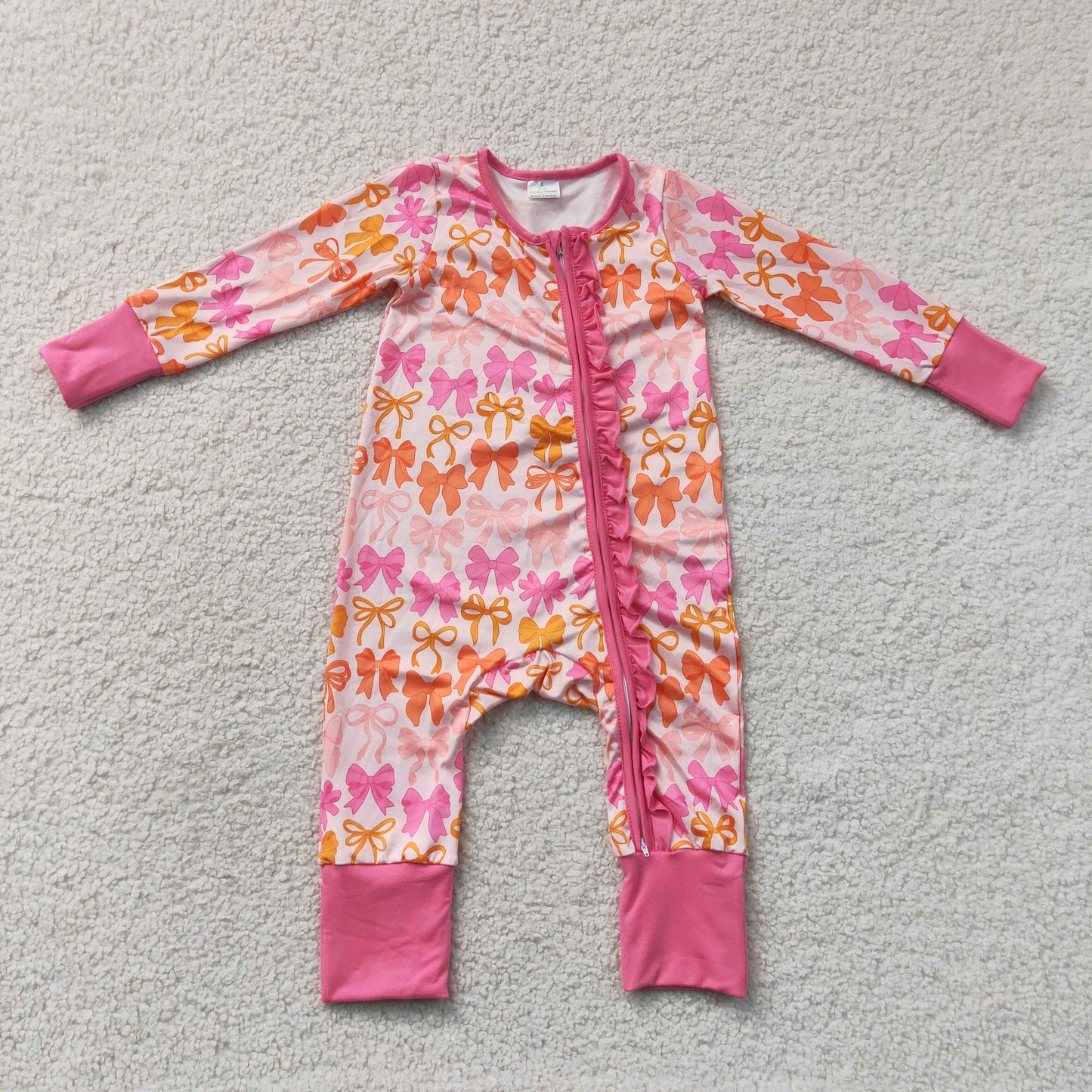 LR2567 long sleeve orange coquette bow ruffle zipper sleeper fall baby clothing