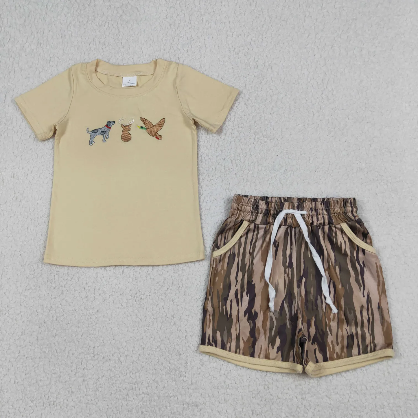 Sibling hunting embroidery camo shorts set