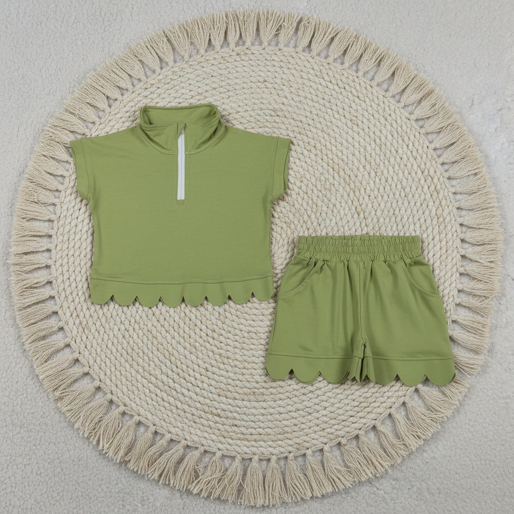 solid cotton green zipper scallop shorts set summer girl clothing