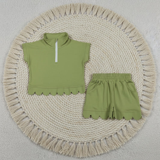 solid cotton green zipper scallop shorts set summer girl clothing