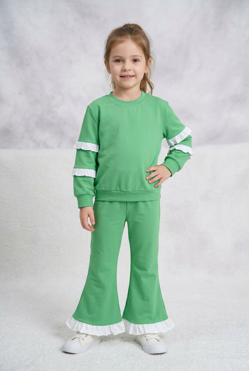 ruffle green white cotton girls outfit