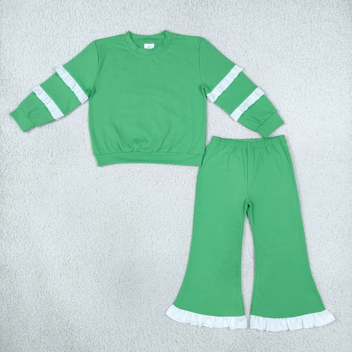 ruffle green white cotton girls outfit