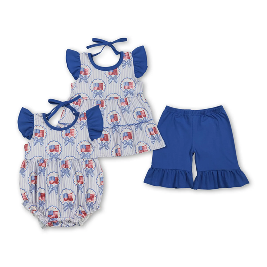 Sibling flag coquette girl shorts set and romper