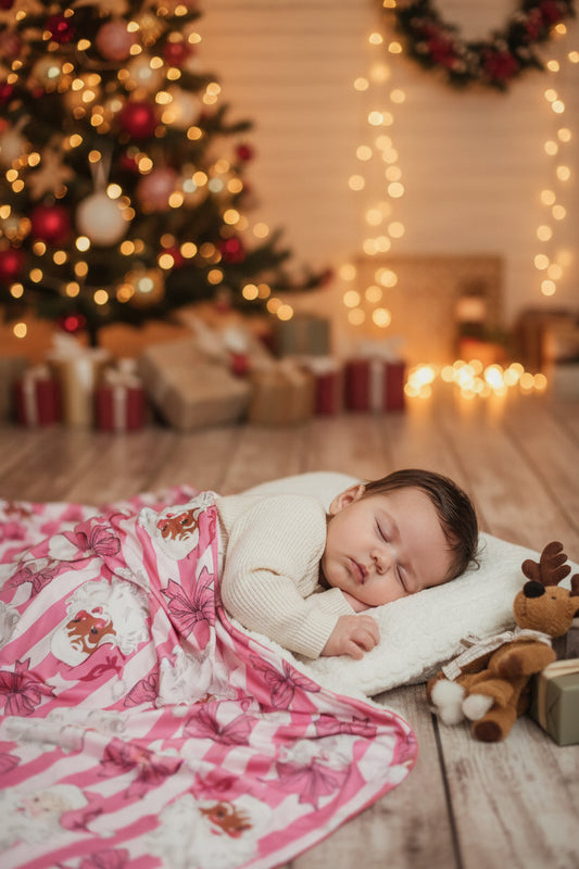pink stripes bow santa christmas baby blanket