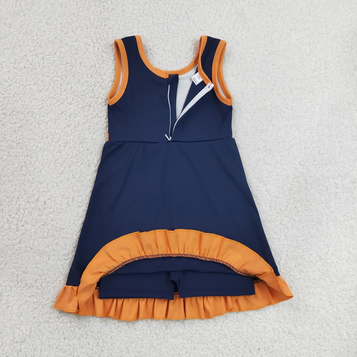 solid navy blue and orange ruffle athletic dress