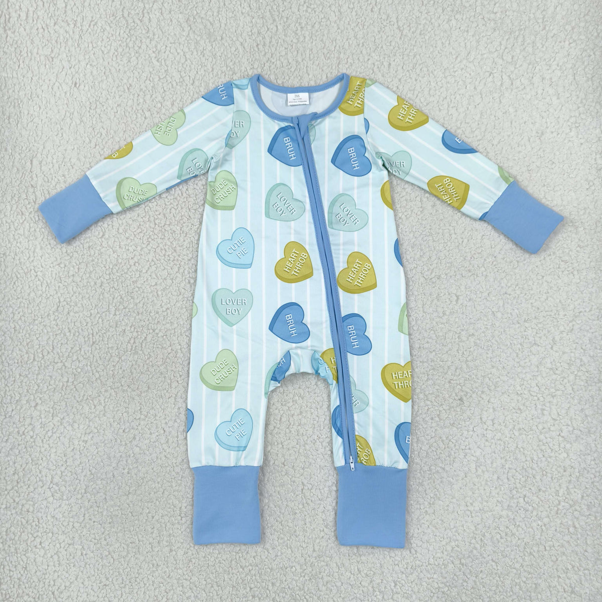 blue dude crush lover boy heart print zip sleeper zippy baby pj