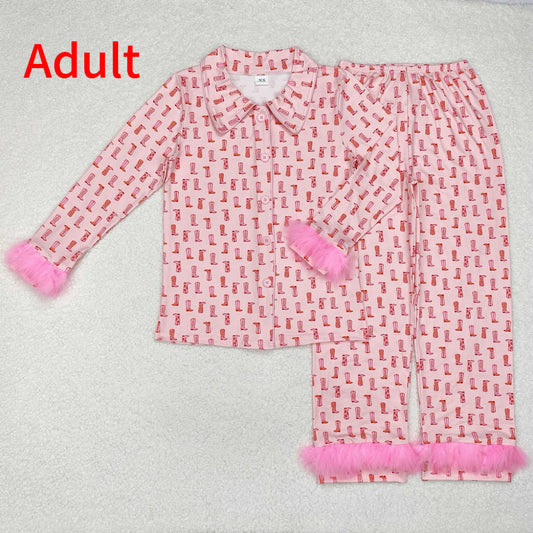 GLP1869 Adult women's boots pink plush edge long sleeve long pants pajamas set