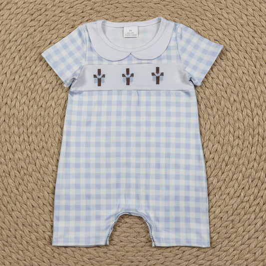 blue gingham easter cross embroidered romper