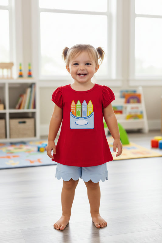 crayon embroidery scallop shorts set girl back to school outfits