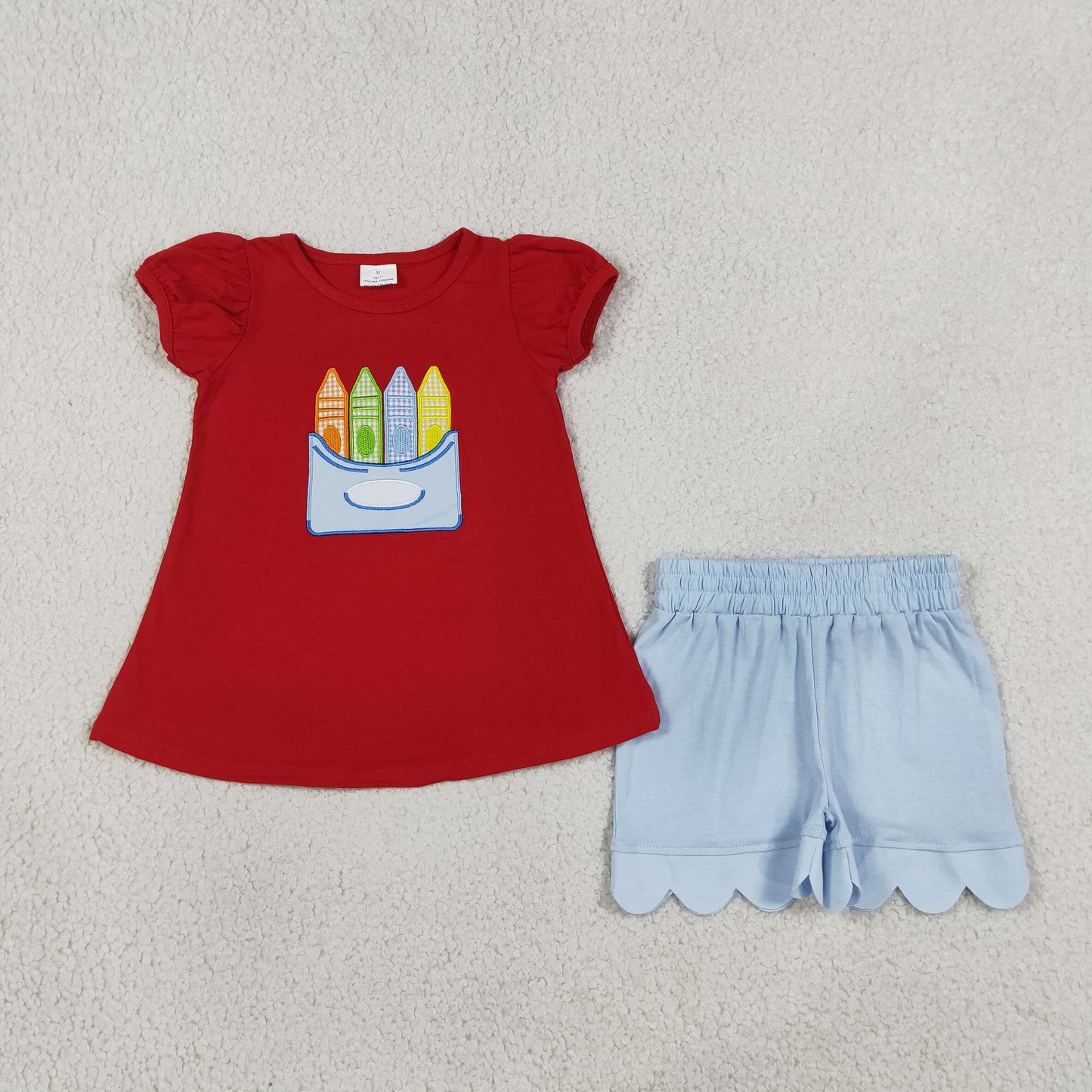 crayon embroidery scallop shorts set girl back to school outfits