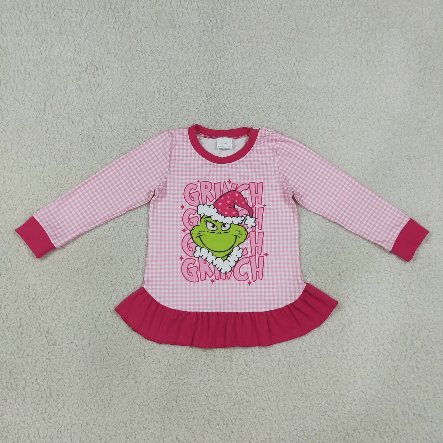 grinchmas pink gingham ruffle shirt girls top