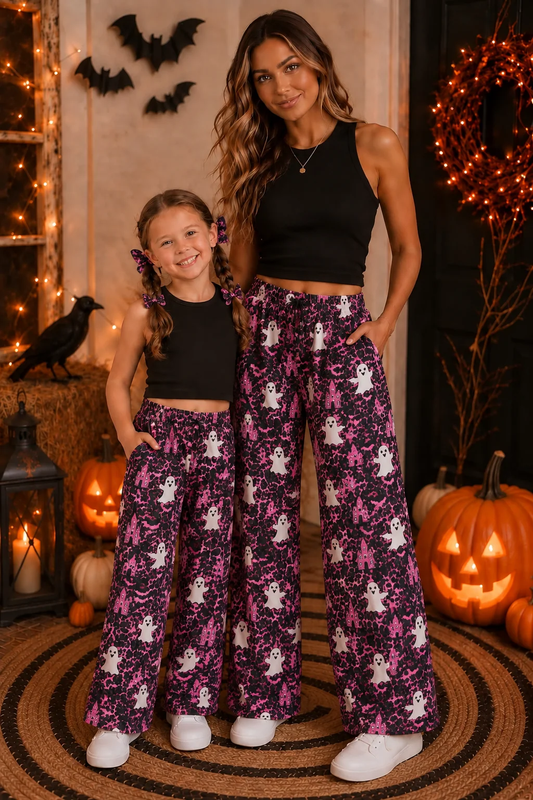pink castle ghost mommy and me wide leg pants