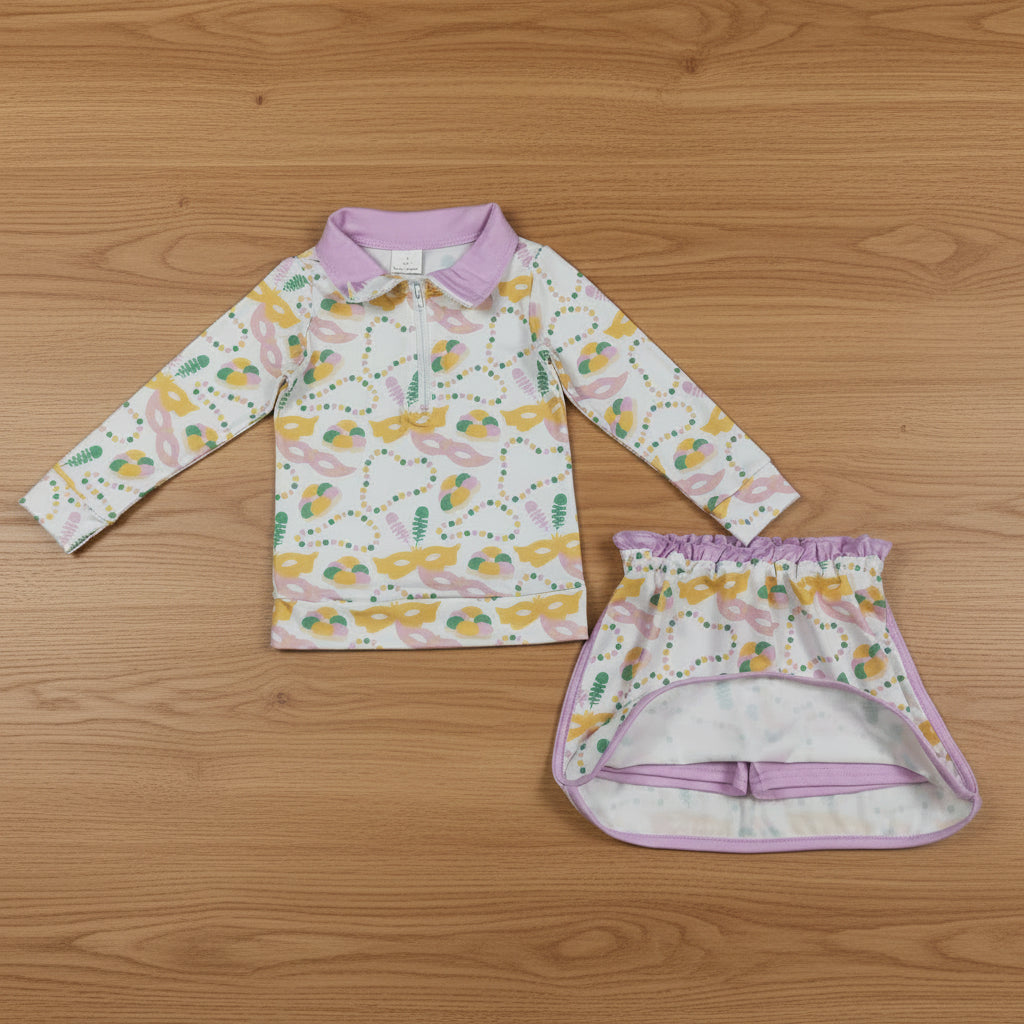 mardi gras mask long sleeve zip pullover skort set outfit