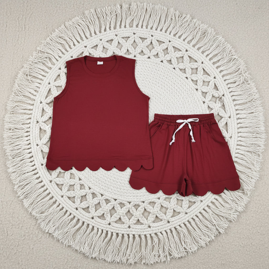 adult clothes women solid maroon scallop shorts set