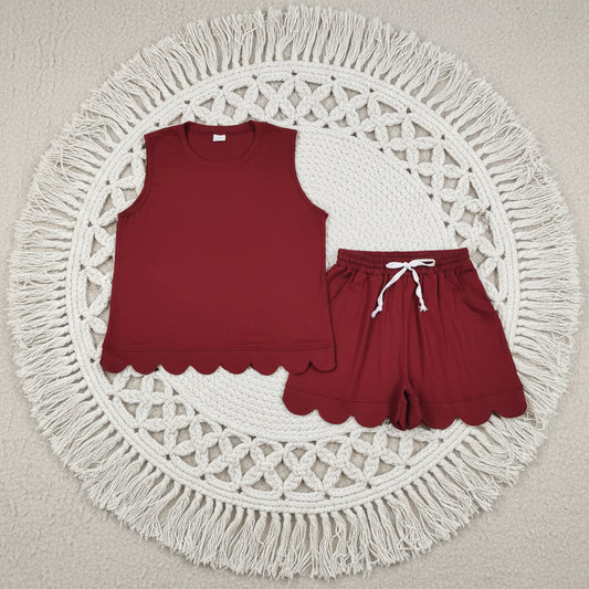 adult clothes women solid maroon scallop shorts set