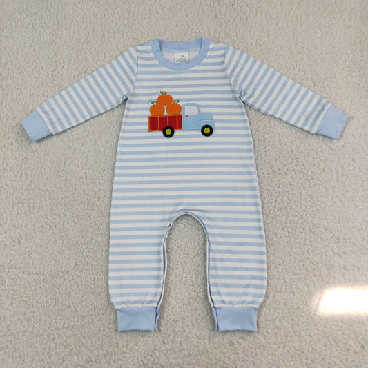 blue striped pumpkin truck embroidery boy romper