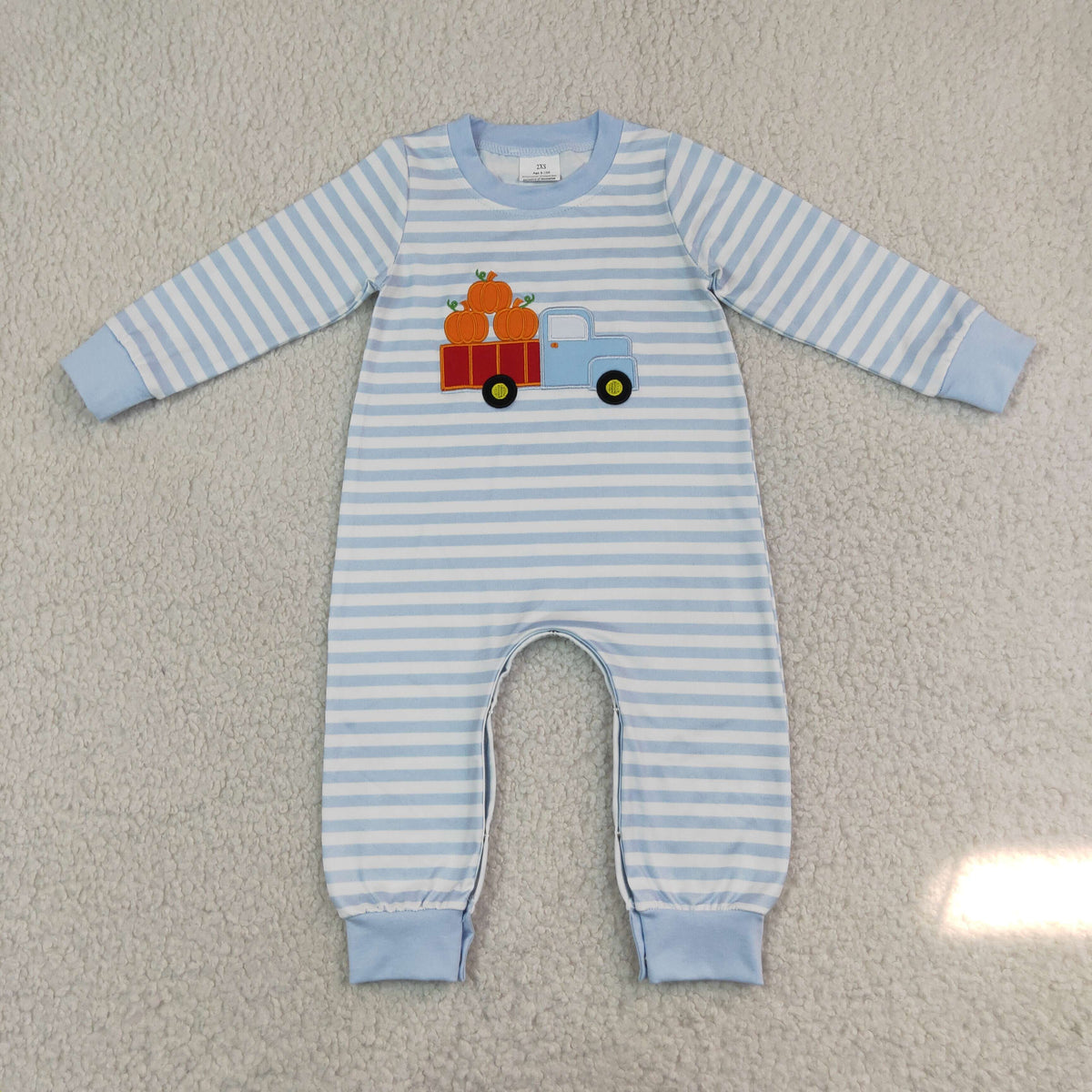 blue striped pumpkin truck embroidery boy romper