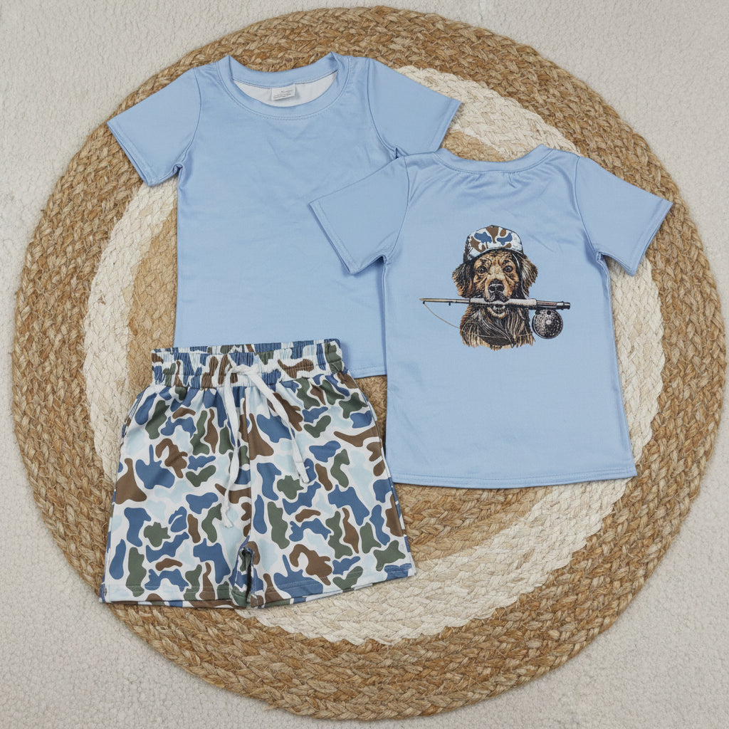 hunting dog print camo shorts set boy clothing