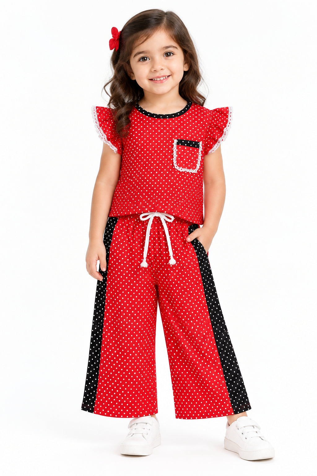red black polk dots pants set