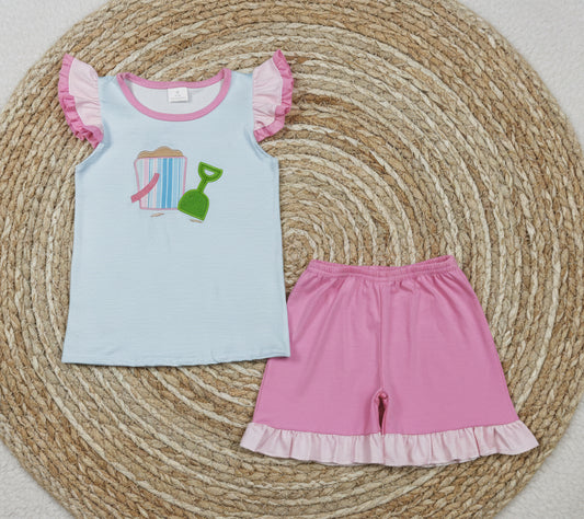 embroidery sand bucket shorts set summer girl clothes