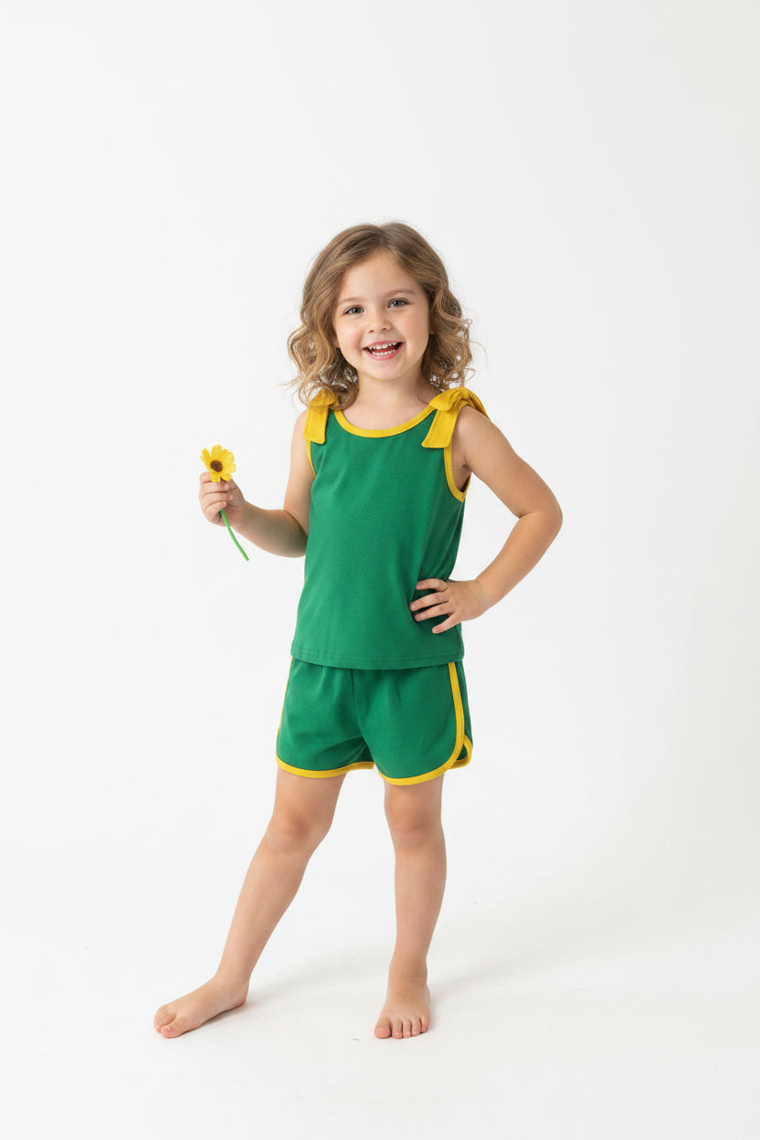 green with gold trim bow shorts set summer girl clothing