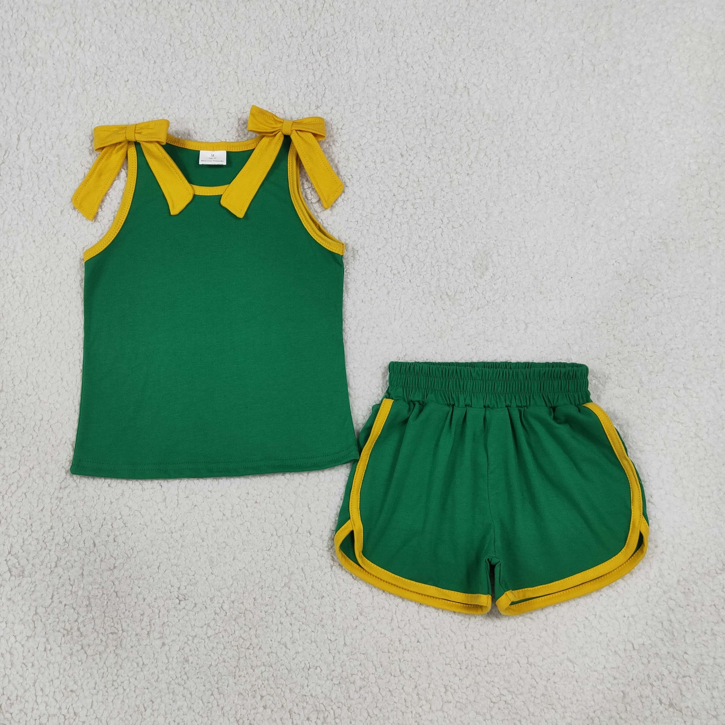 green with gold trim bow shorts set summer girl clothing