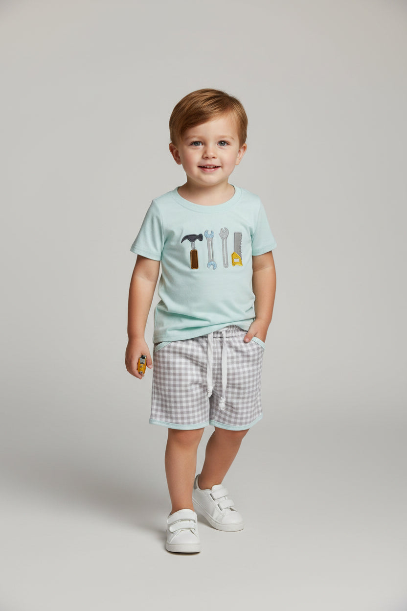 tools embroidery boy shorts set kids clothes