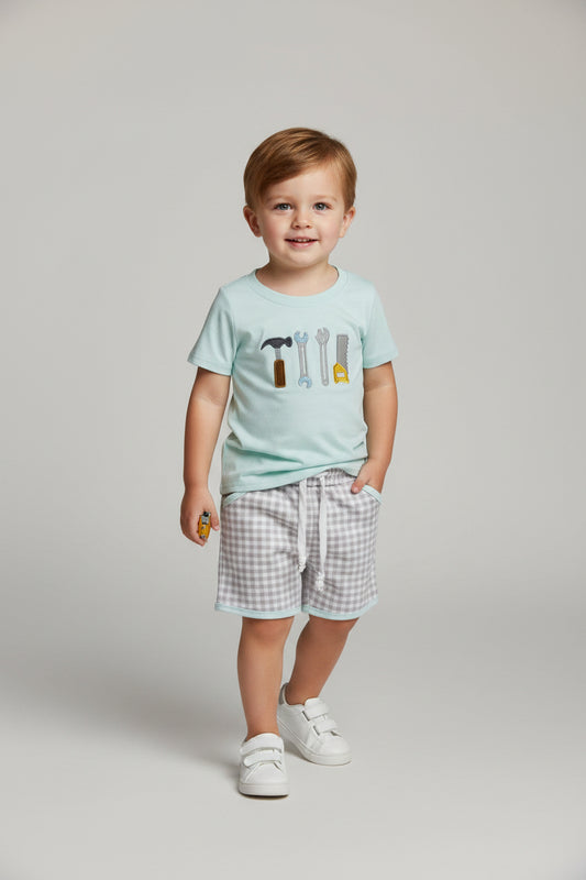 tools embroidery boy shorts set kids clothes