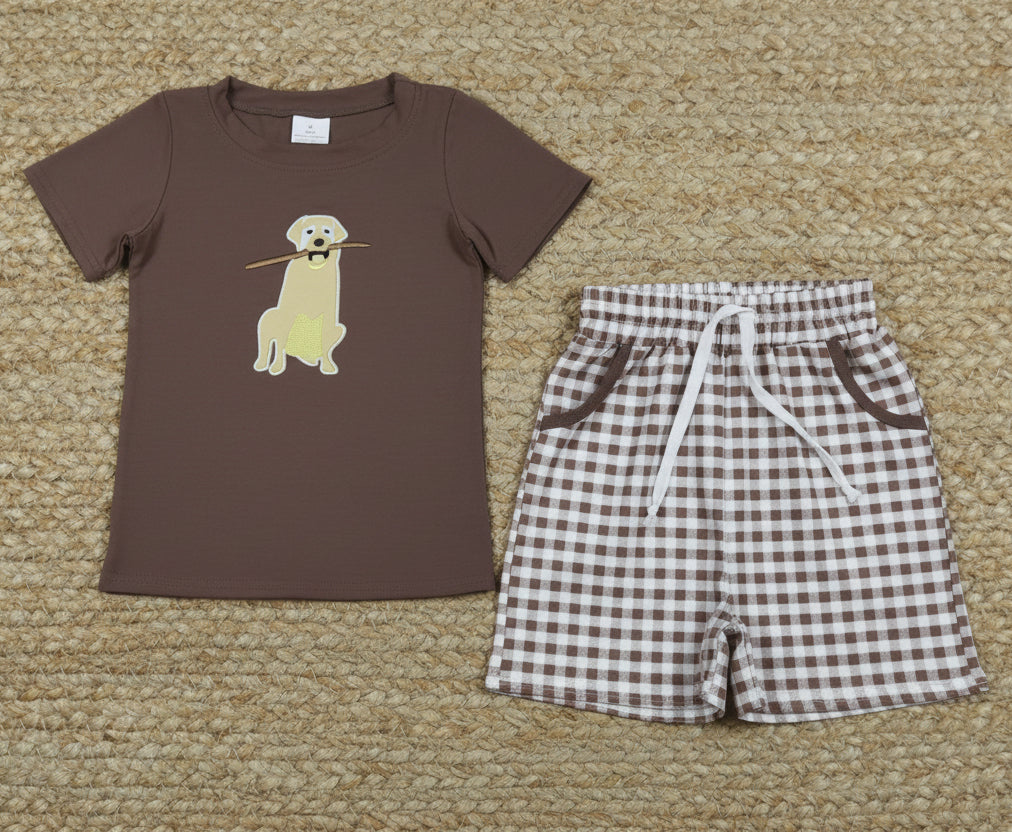 hunting dog embroidery boy shorts set summer clothes