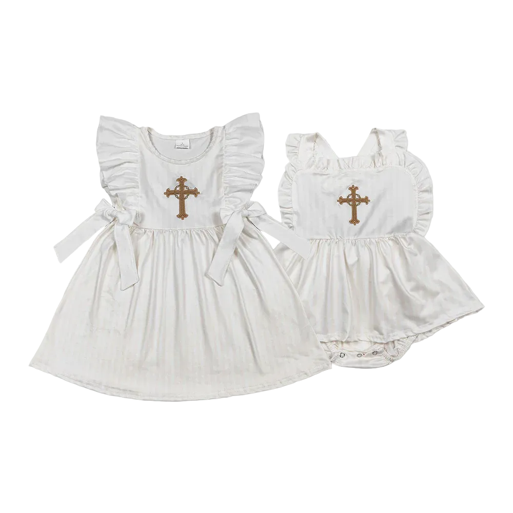 Sibling easter cross embroidery bubble and dress