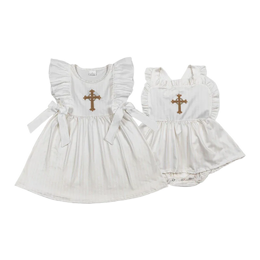 Sibling easter cross embroidery bubble and dress