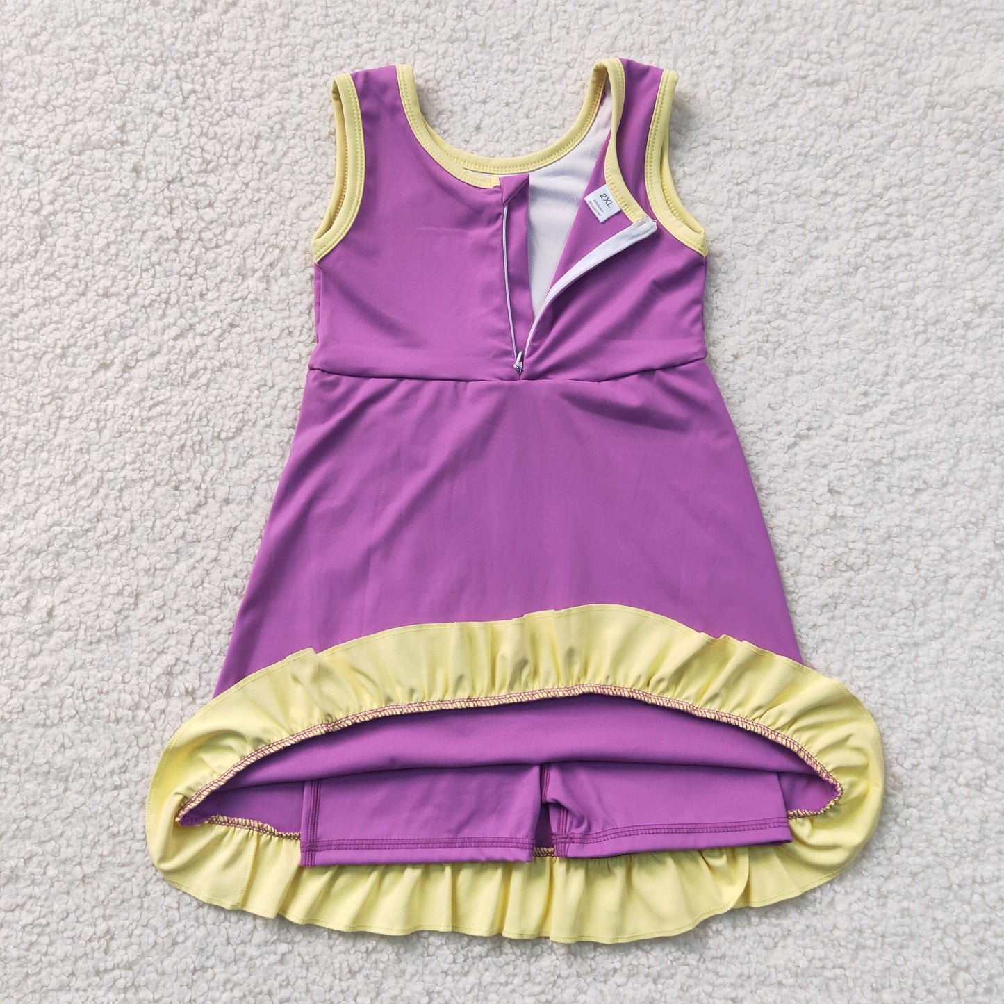 solid purple yellow ruffle athletic dress