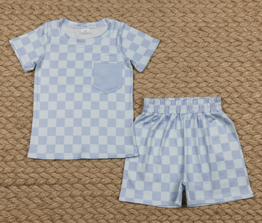 blue checkered shorts set kids clothing