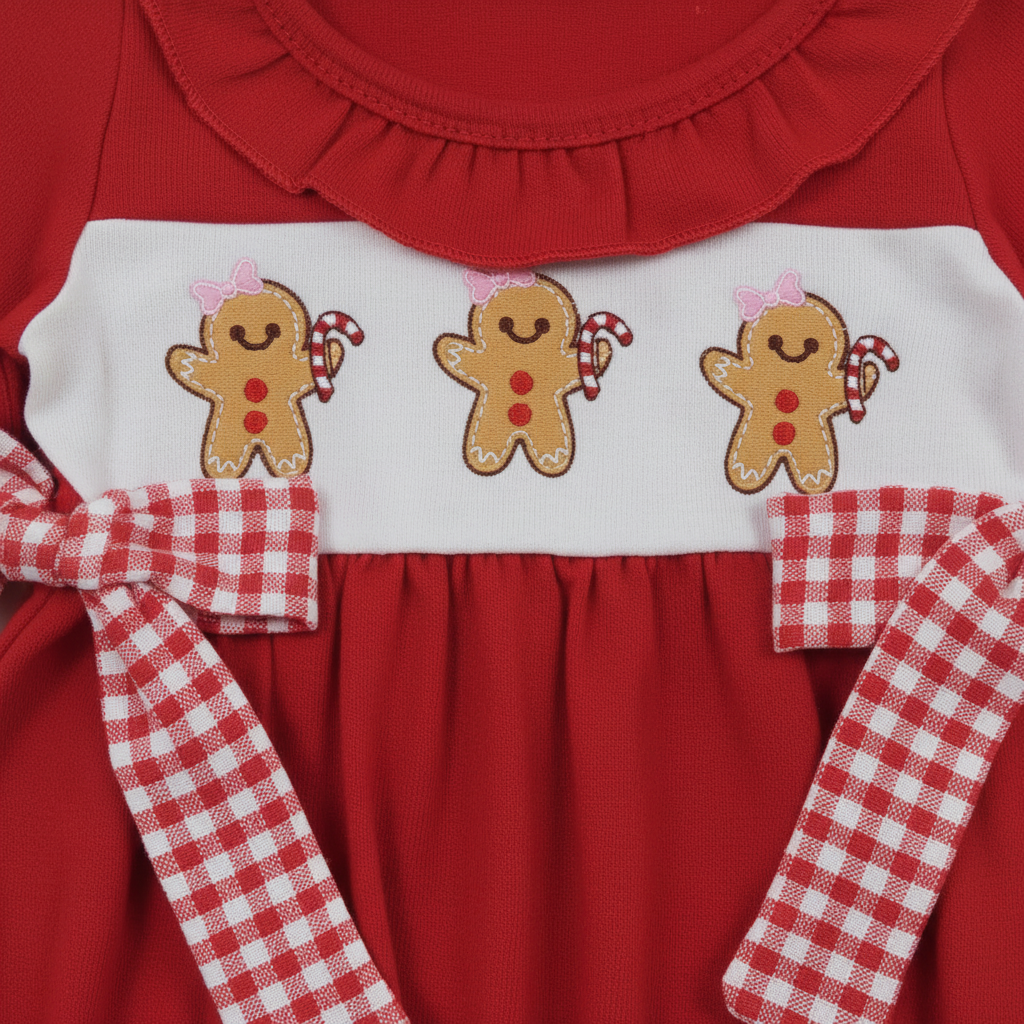 LR0393 Embroidered Gingerbread Man Red Plaid Bow Lace Long Sleeve Onesie Romper
