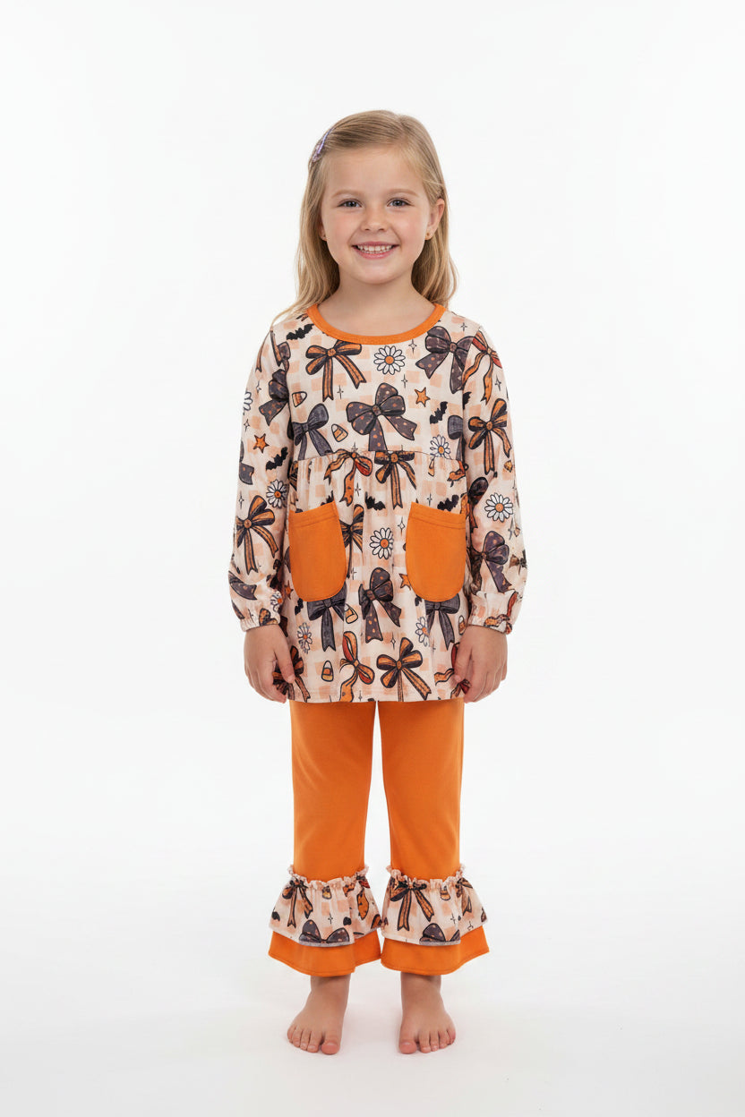 Halloween coquette bow ruffle pants set with pocket girl outfit