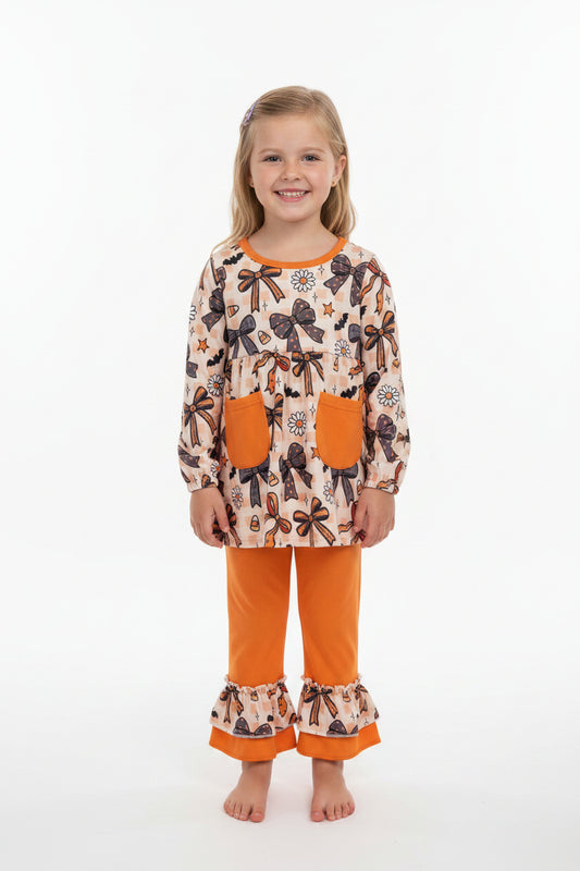 Halloween coquette bow ruffle pants set with pocket girl outfit