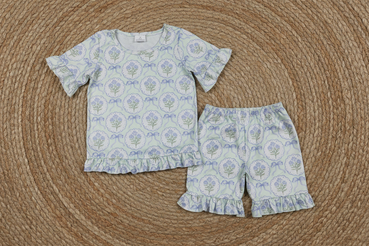 blue bow floral shorts set summer toddler girl clothing